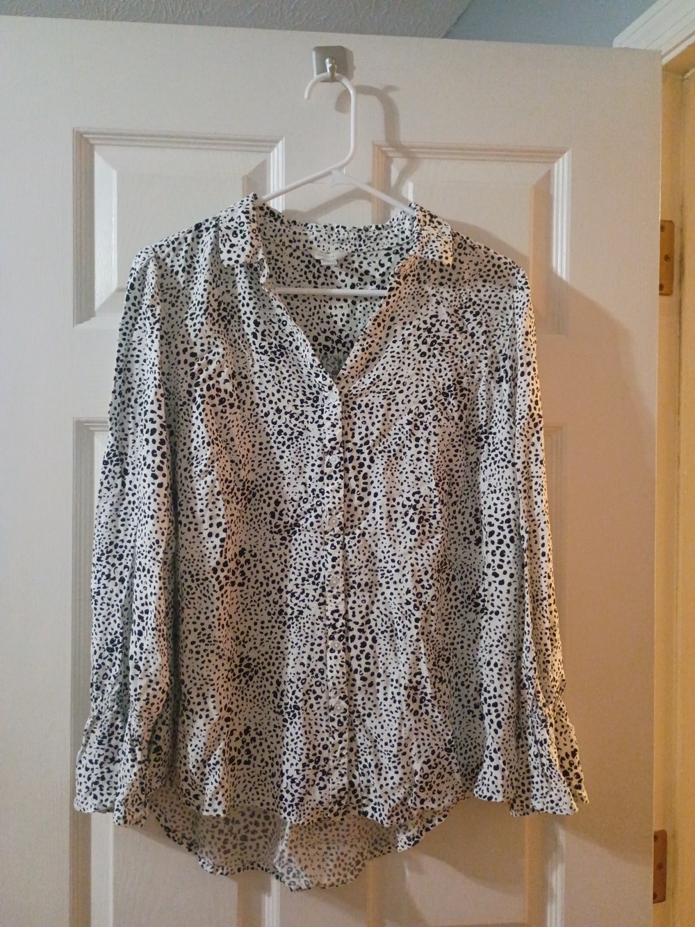 Women's White and Black Dotted Button-Up Blouse